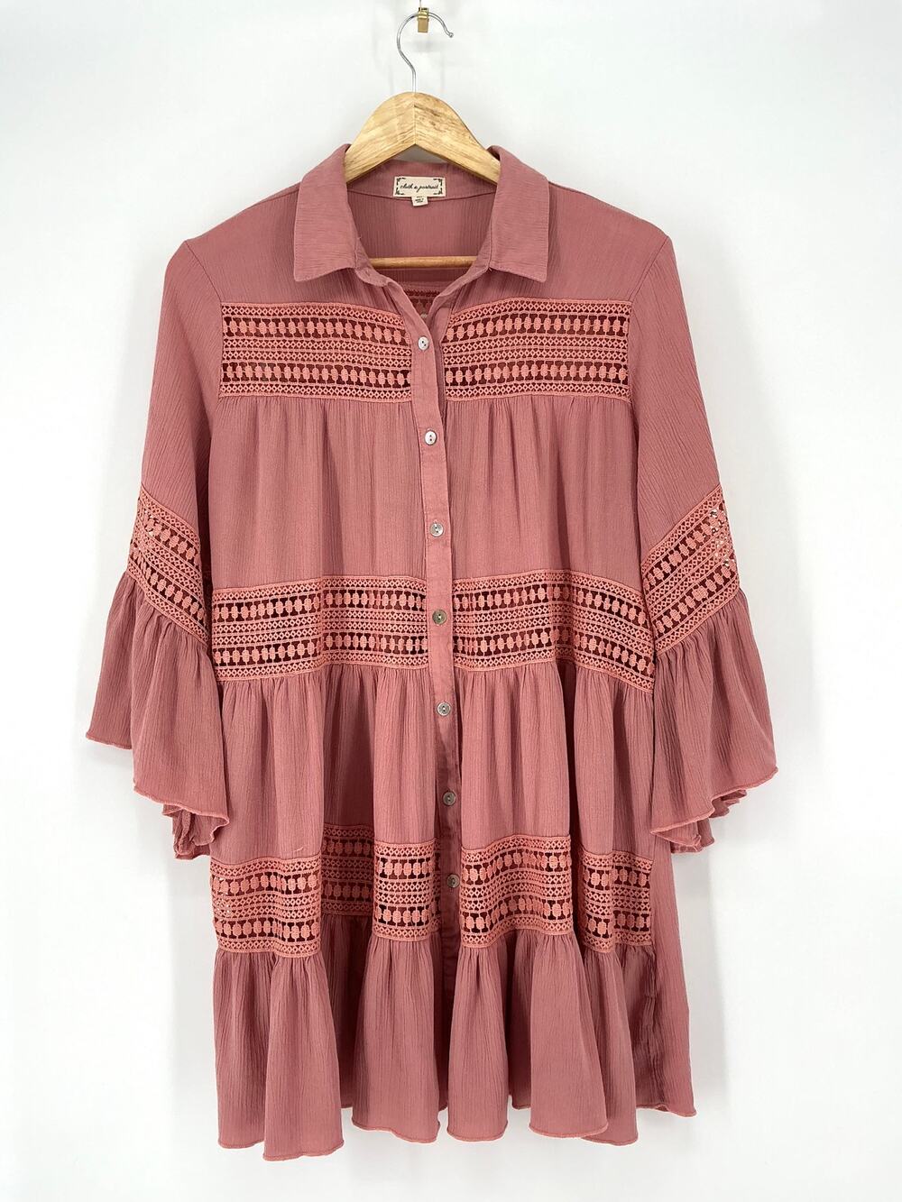 Cloth & Portrait Dress M Dusty Rose Crochet Lace Bell Sleeve Boho Tiered
